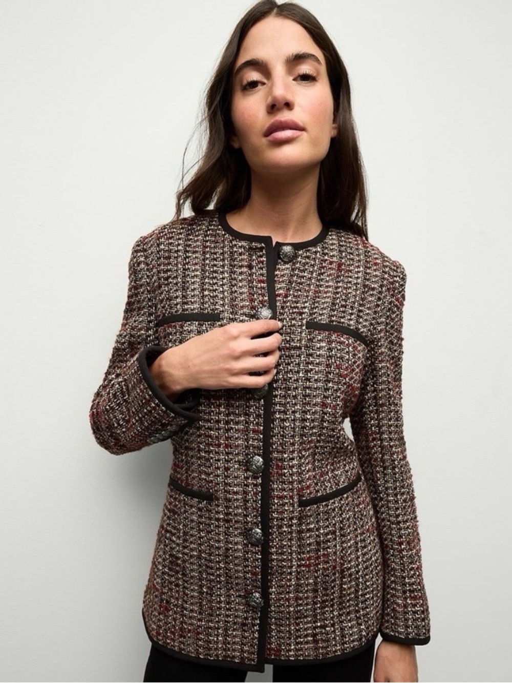 Veronica Beard Watkins Tweed Collarless Dickey Blazer Brown Red Size 6